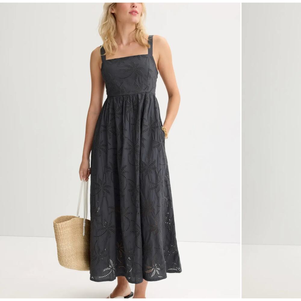 Marine Layer Dark Gray Eyelet Midi Dress XL Smocked Cottage Cotton Designer $218